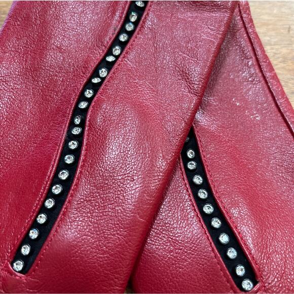 NEW old stock red leather gloves with rhinestone details size S Picabo brand - Picture 2 of 7